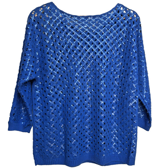Chicos Size 1 | M /8 Sasha Sequin Pullover Sweater Royal Blue Open Knit Sparkly - Picture 5 of 11